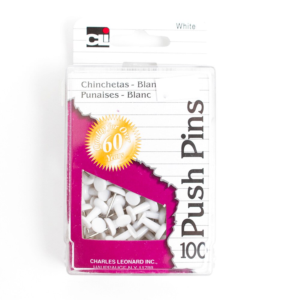 Charles Leonard, Inc., Tacks, Pins & Clips, Art & School, Push Pins, 100 count, 29180, White